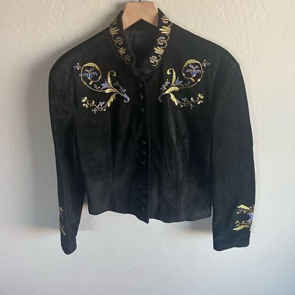Vintage Jackets & Blazers - Vintage Women’s Italian Calf Suede Black Embroidered Jacket Size M